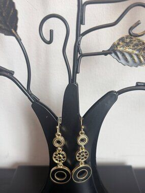 Gold Tone Black Enamel Geometric Drop Dangle Earrings Statement Boho Modern
